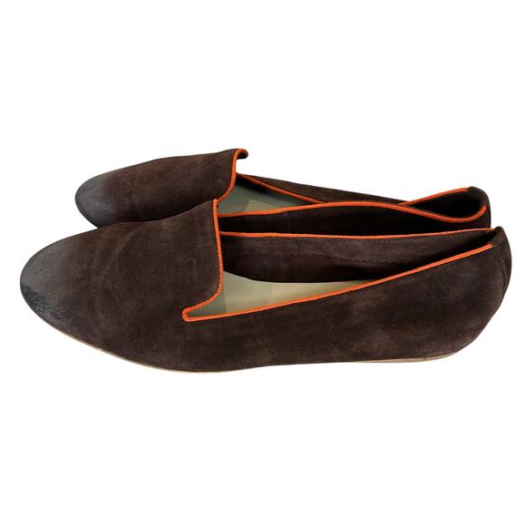 Sundance Brown Smoking Flats Shoes Size 39 8.5  Suede Leather Orange Trim Preppy - Picture 2 of 7
